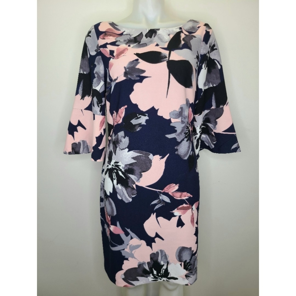 Vince Camuto Navy Blue and Pink Floral Print Bell Sleeve Spring Summer Dress 10 - Picture 12 of 15